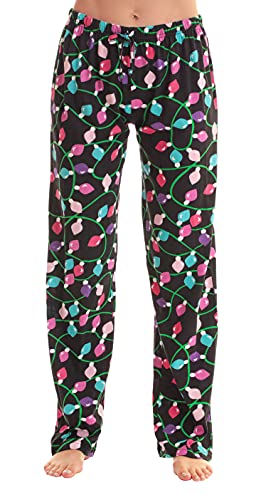 Women Xmas Holiday Pajama Pants, Black - Christmas Lights