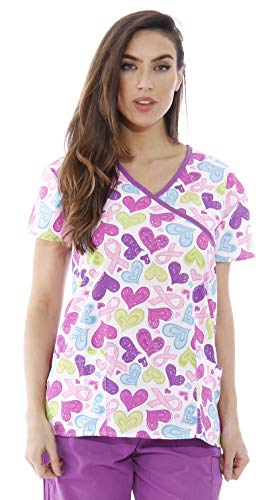 Womens Holiday Scrub Tops, Hearts and Ribbons 2