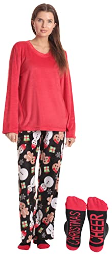 Womens Microfleece Pajama Pants Set, Black - Mixed Holiday