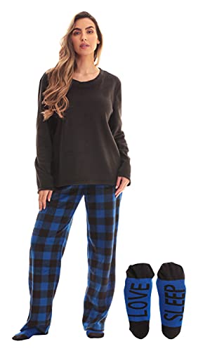 Womens Microfleece Pajama Pants Set, Buffalo Plaid Royal Black