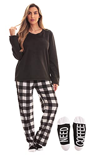 Womens Microfleece Pajama Pants Set, Buffalo Plaid White Black