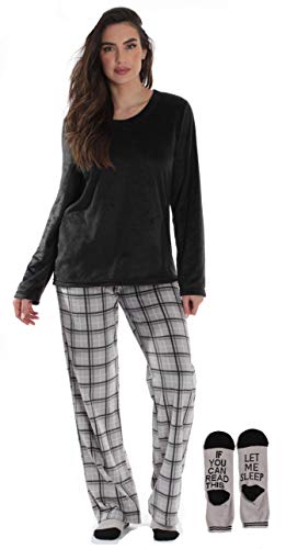 Womens Microfleece Pajama Pants Set with Socks, Grey - Plaid