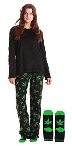 Womens Microfleece Pajama Pants Set with Socks, Leaf Print