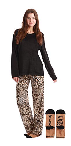 Womens Microfleece Pajama Pants Set with Socks, Leopard Print