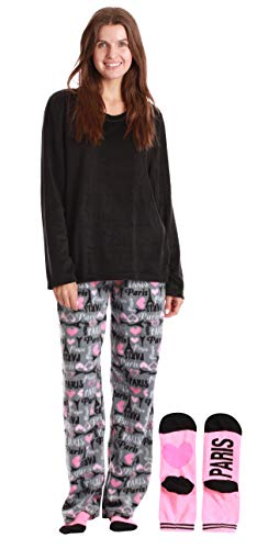 Womens Microfleece Pajama Pants Set with Socks, Paris Love