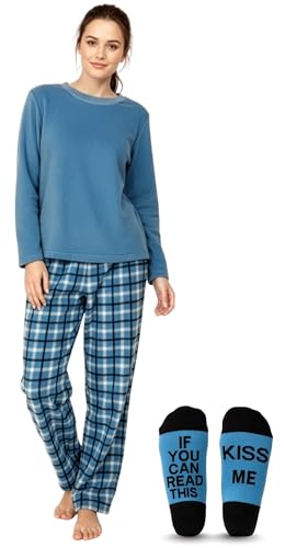 Womens Microfleece Pajama Pants Set with Socks, Plaid - Blue