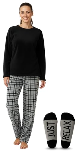 Womens Microfleece Pajama Pants Set with Socks, Plaid - Grey