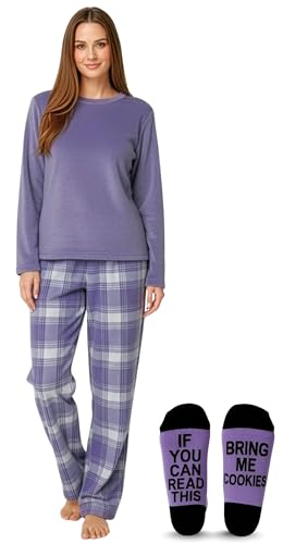Womens Microfleece Pajama Pants Set with Socks, Plaid - Lilac