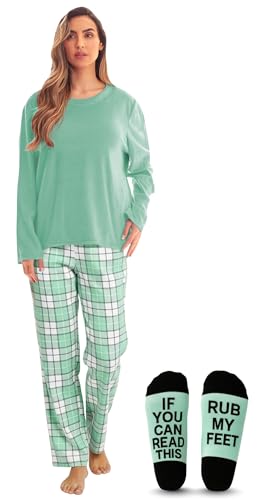 Womens Microfleece Pajama Pants Set with Socks, Plaid - Mint