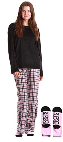 Womens Microfleece Pajama Pants Set with Socks, Playful Plaid