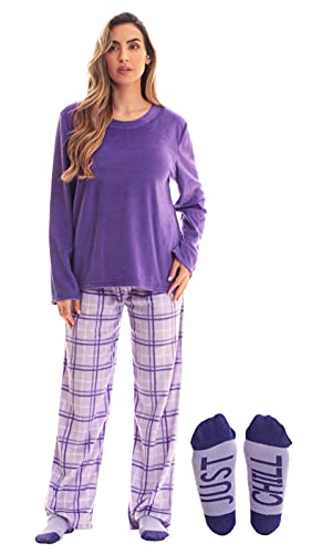 Womens Microfleece Pajama Pants Set with Socks, Purple Plaid