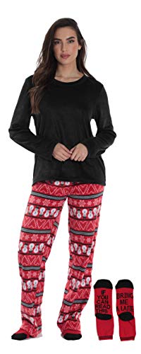 Womens Microfleece Pajama Pants Set, Red - Candycane Snowman