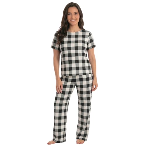 Womens Pajama Pants Set, White Black - Buffalo Plaid