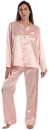 Womens Pajama Set, Satin Peachy Pink Stretch Fabric