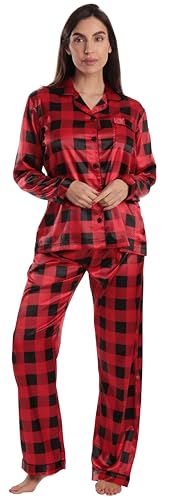 Womens Pajama Set, Satin Red Black Buffalo Plaid Stretch Fabric