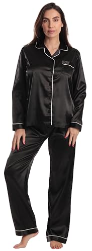 Womens Pajama Set, Satin Solid Black Stretch Fabric
