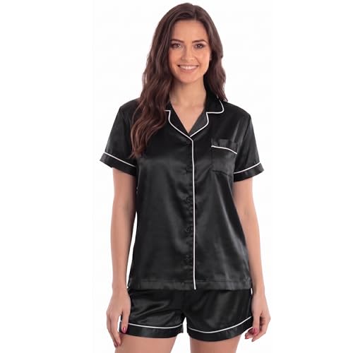 Womens Pajama Set, Satin Solid Black