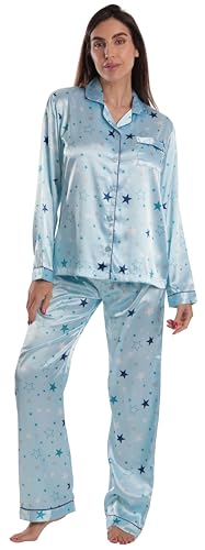 Womens Pajama Set, Satin Starzy Blue Stretch Fabric