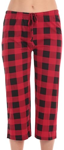 Womens Pajamas Cotton Capri Pants, Red Buffalo Plaid