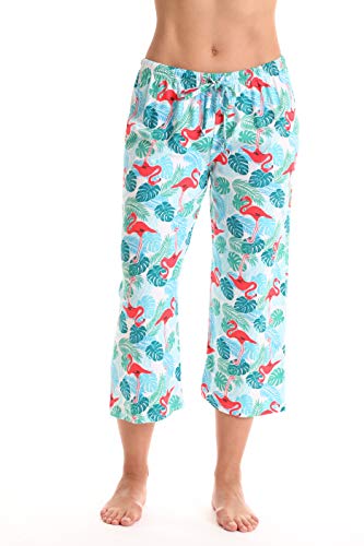 Womens Pajamas Cotton Capri Pants, White - Tropical Flamingos