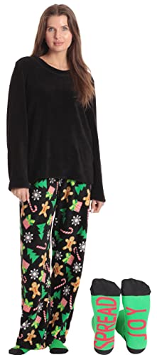 Womens Plush Pajama Pants Set, Black - Christmas Explosion