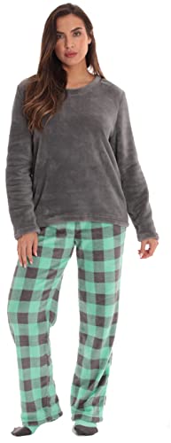 Womens Plush Pajama Pants Set with Socks, Buffalo Plaid Mint
