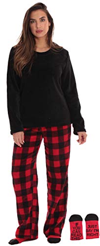 Womens Plush Pajama Pants Set with Socks, Buffalo Plaid Red