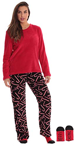 Womens Plush Pajama Pants Set with Socks, Candy Cane Black