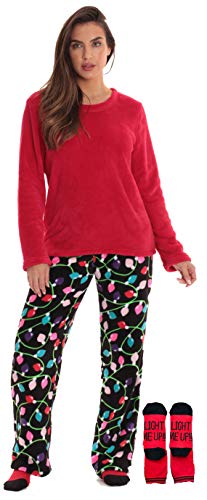 Womens Plush Pajama Pants Set with Socks, Christmas Lights Black