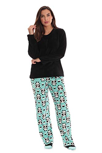 Womens Plush Pajama Pants Set with Socks, Green Panda Jam