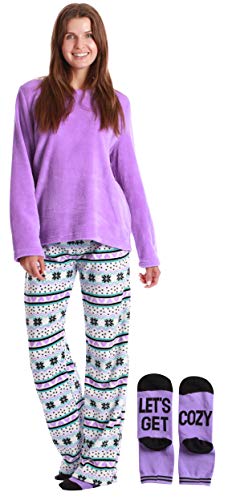 Womens Plush Pajama Pants Set, Purple - Heart Snowflake