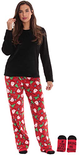 Womens Plush Pajama Pants Set with Socks, Red Holiday Print