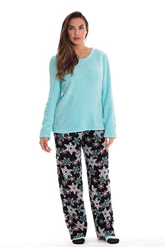 Womens Plush Pajama Pants Set with Socks, Winter Snowflake Black