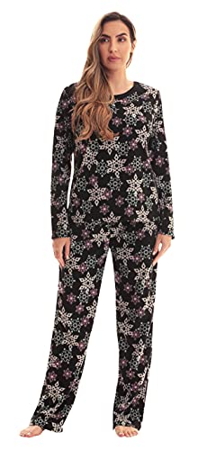 Womens Printed Thermal Fleece Sets, Black - Snowflake