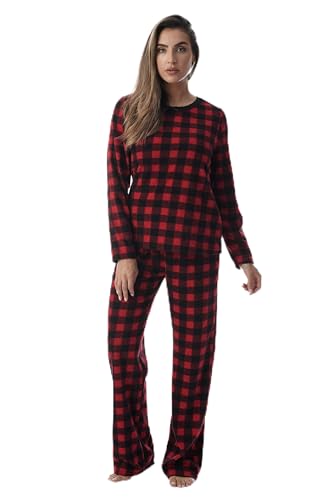 Womens Printed Thermal Fleece Sets, Buffalo Plaid Red Black
