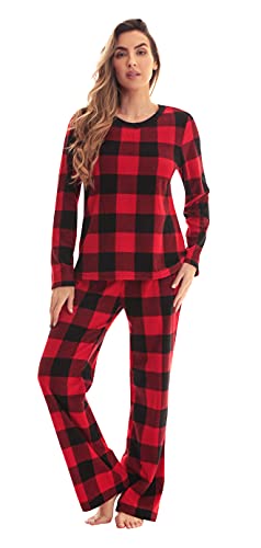 Womens Printed Thermal Fleece Sets, Red Black Buffalo Plaid