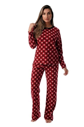 Womens Printed Thermal Fleece Sets, Red Snowflake Reindeer