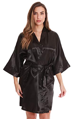 Womens Satin Solid Kimono Robe, Satin - Black