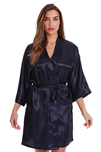 Womens Satin Solid Kimono Robe, Satin - Navy