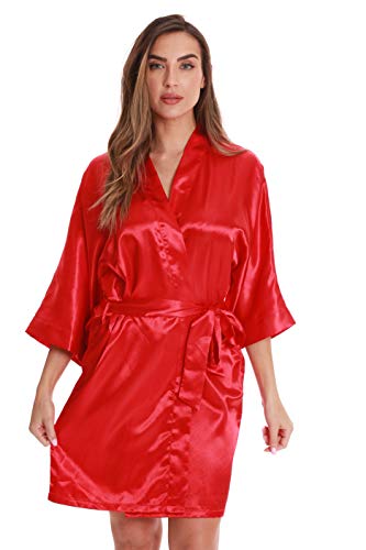 Womens Satin Solid Kimono Robe, Satin - Red
