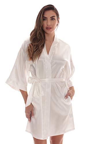 Womens Satin Solid Kimono Robe, Satin - White